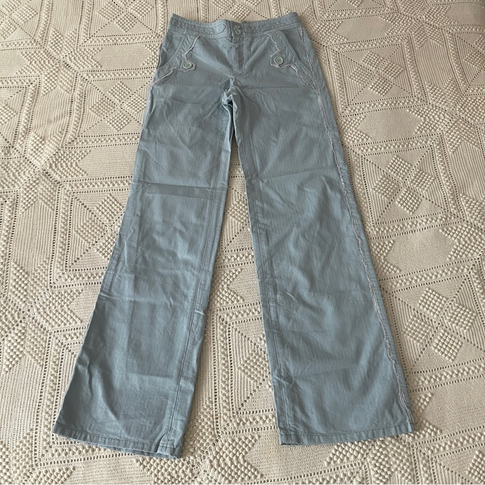 Marc Jacobs Wide-Leg Baby Blue Herringbone Stripe Pants Sailor Button Seam
